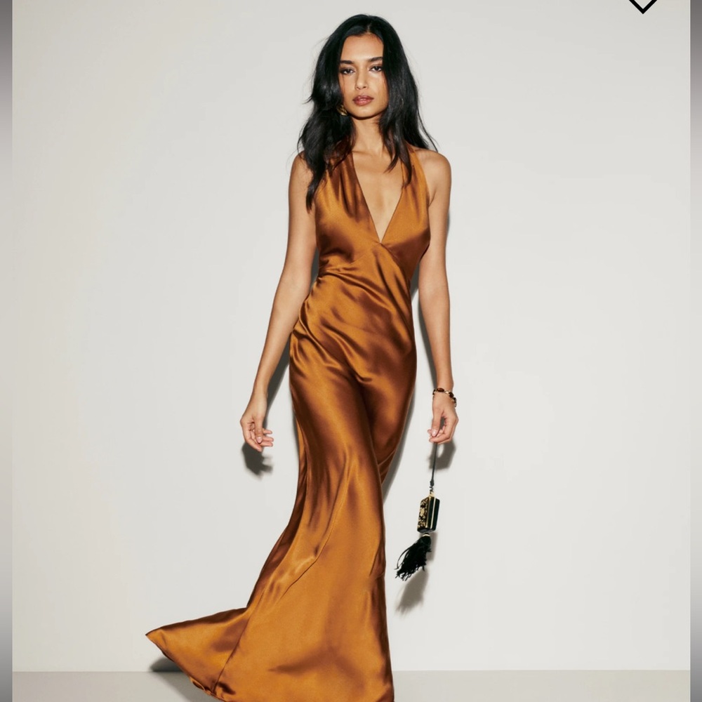 Reformation Danielle Copper Plunge Halter Neckline Gown